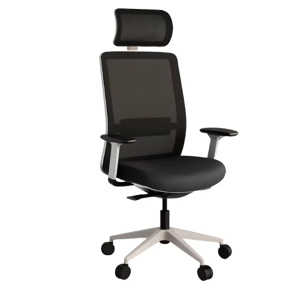 Silla giratoria Evos White con reposa cabezas tapizado negro